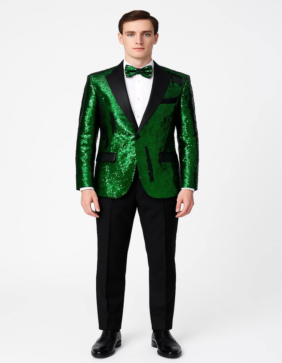 Men's Green Sequin Tuxedo Jacket with Black Satin Lapel and Bow Tie â€“ Sparkling Party and Stage Blazer By Alberto Nardoni - 34 Short or Extra Small