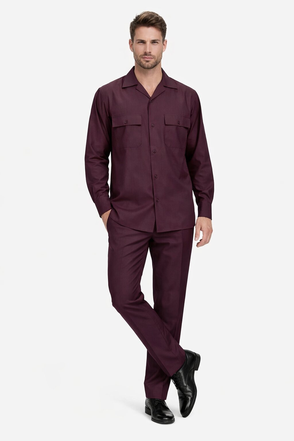 Mens Luxury Burgundy Wool Two-Piece Leisure Walking Suit - Small