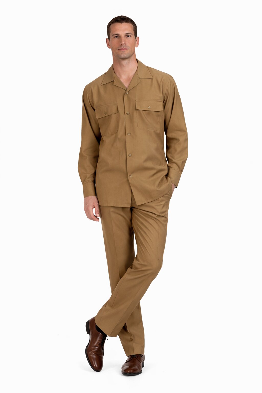 Mens Luxury Caramel Wool Two-Piece Leisure Walking Suit - Small
