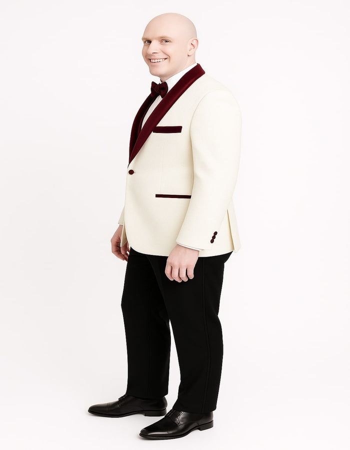 Men's White Floral Tuxedo Jacket with Burgundy Velvet Shawl Lapel Wedding, Prom, and Formal Event Suit