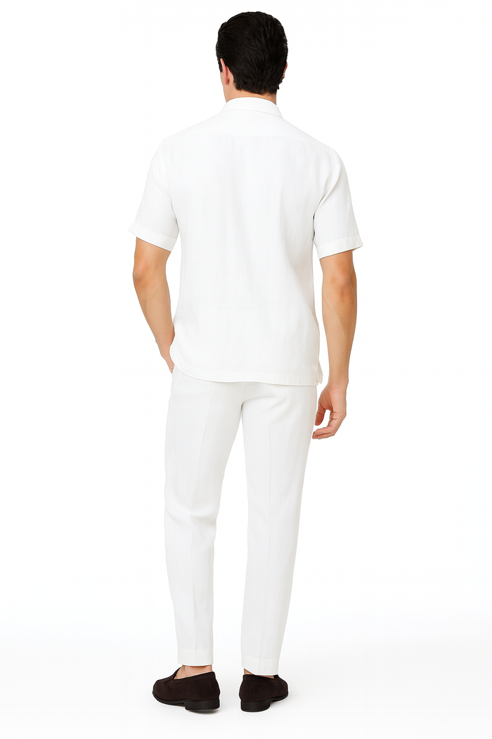 Mens White Lace-Up Shirt and Pants Set – Casual Summer Two-Piece Outfit
