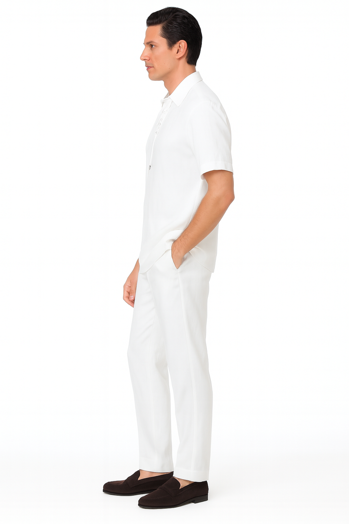 Mens White Lace-Up Shirt and Pants Set – Casual Summer Two-Piece Outfit