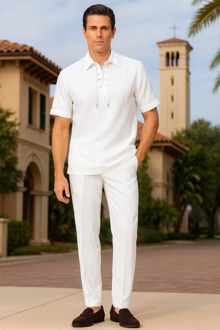 Mens White Lace-Up Shirt and Pants Set – Casual Summer Two-Piece Outfit