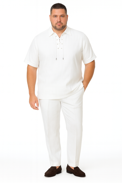 Mens White Lace-Up Shirt and Pants Set – Casual Summer Two-Piece Outfit