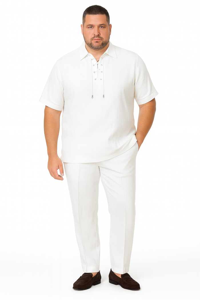 Mens White Lace-Up Shirt and Pants Set – Casual Summer Two-Piece Outfit