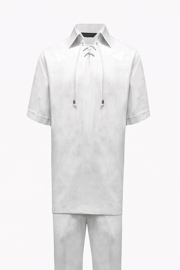 Mens White Lace-Up Shirt and Pants Set – Casual Summer Two-Piece Outfit