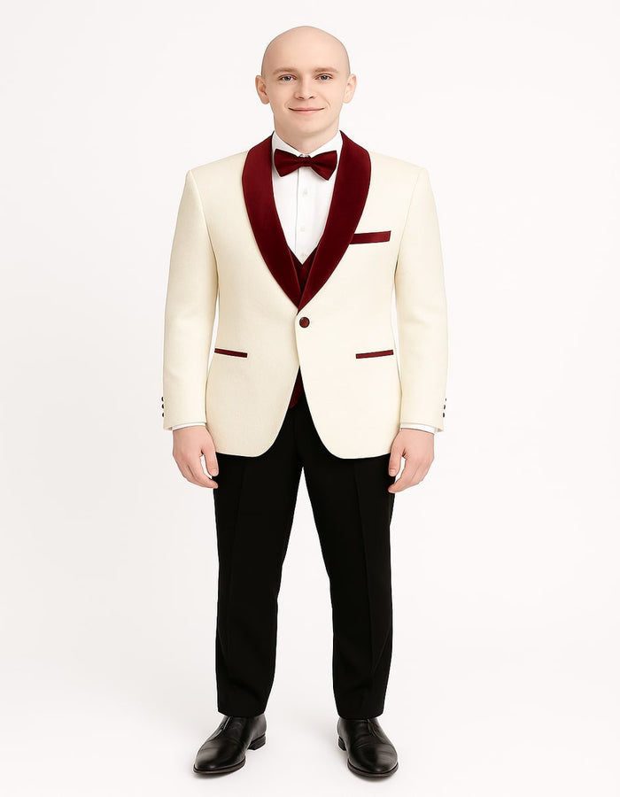 Men's White Floral Tuxedo Jacket with Burgundy Velvet Shawl Lapel Wedding, Prom, and Formal Event Suit