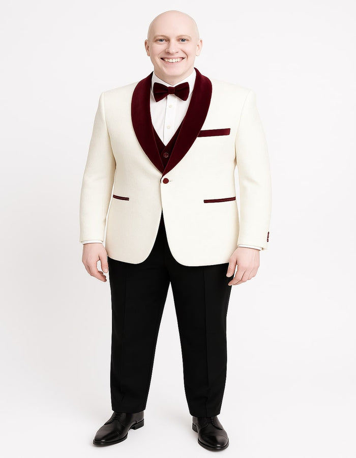 Men's White Floral Tuxedo Jacket with Burgundy Velvet Shawl Lapel Wedding, Prom, and Formal Event Suit