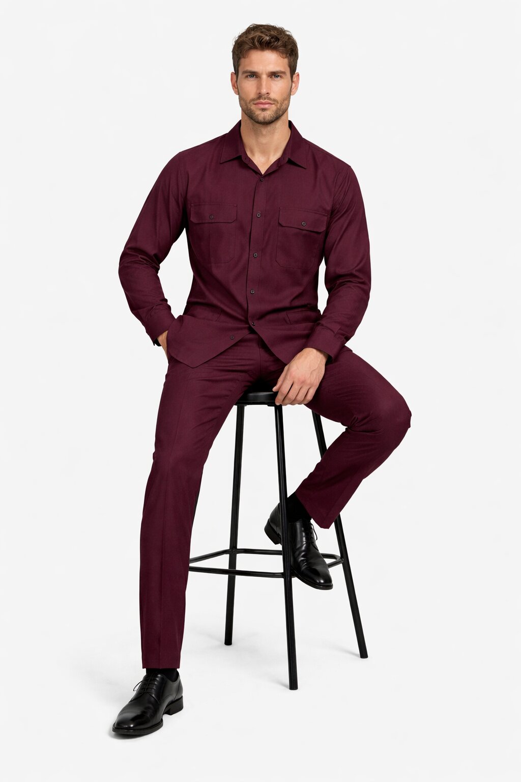 Mens Luxury Burgundy Wool Two-Piece Leisure Walking Suit - Small