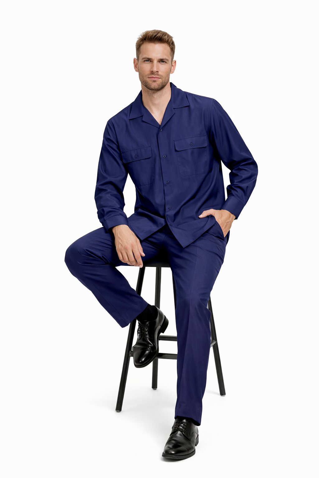 Mens Luxury Navy Blue Wool Two-Piece Leisure Walking Suit - Small