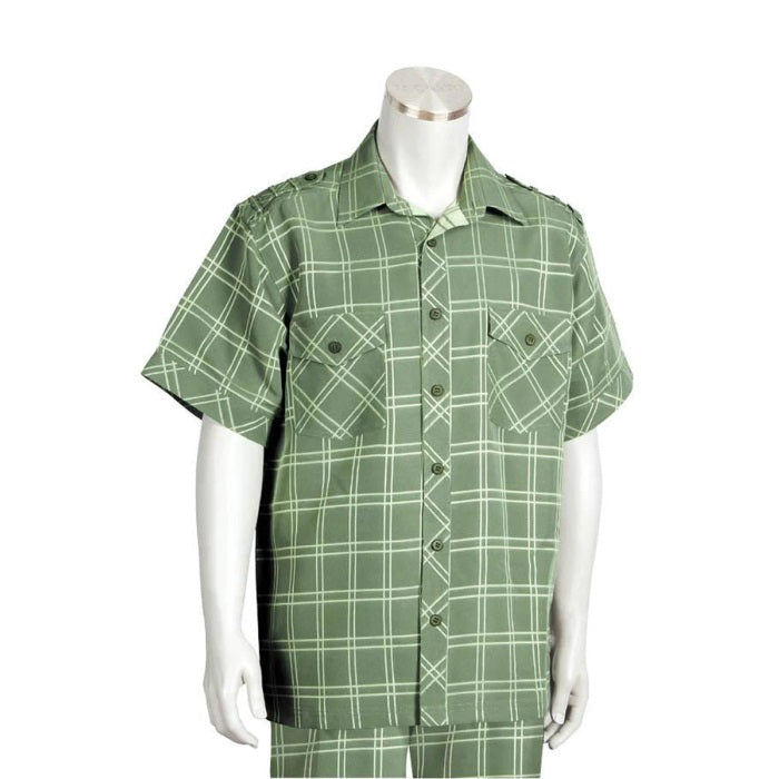 Men's 2 piece Sets Casual leisure set walking suit in olive windowpane - S