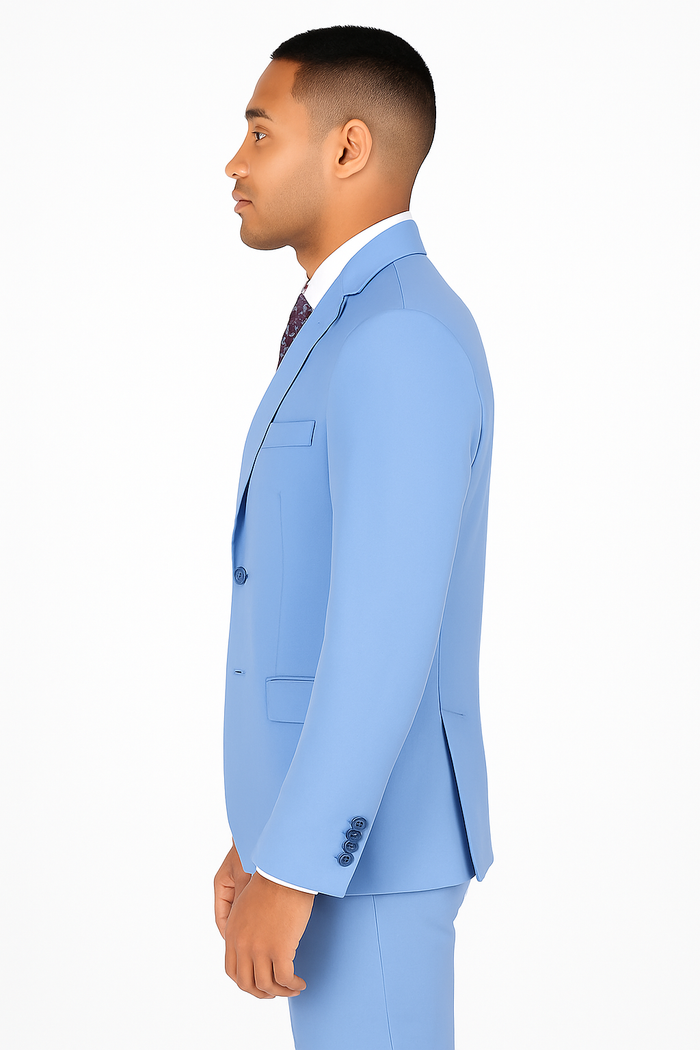Men's 2 piece stretch fabric suit in solid light blue color