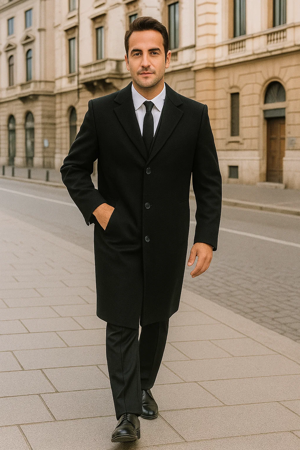 Mens Topcoat Mens Dress Coat 'Harvard' Black cashmere Full-length - Men's Overcoat - 38 Regular