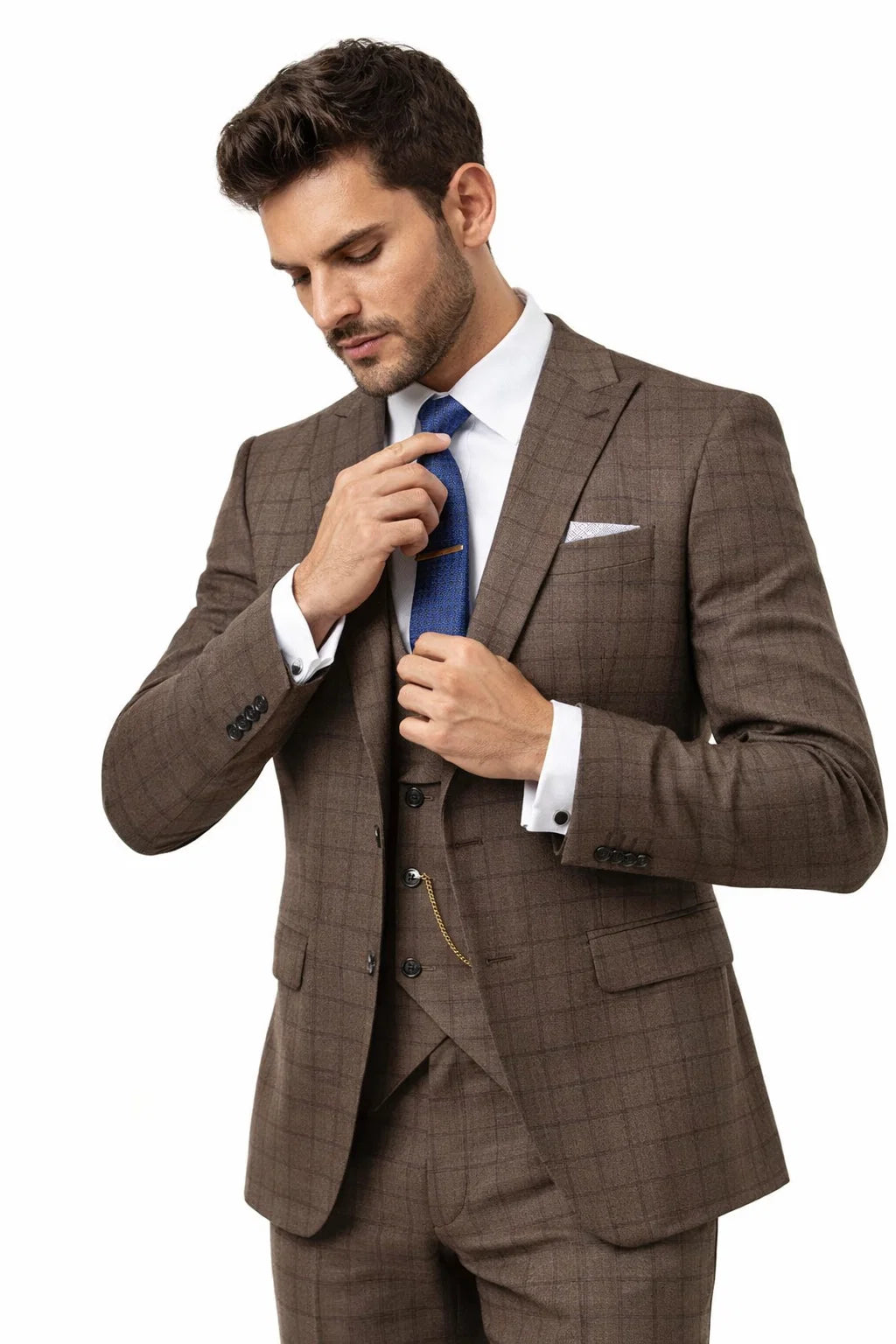 Men’s Brown 3-Piece Slim Fit Suit – 2 Button Peak Lapel Jacket with Double Breasted Vest & Flat Front Pants - 38 Short Jacket+32 Waist Adjustable 28to34)(Height: 5 4 to5 7 )(Neck  15-16.5)S-M)
