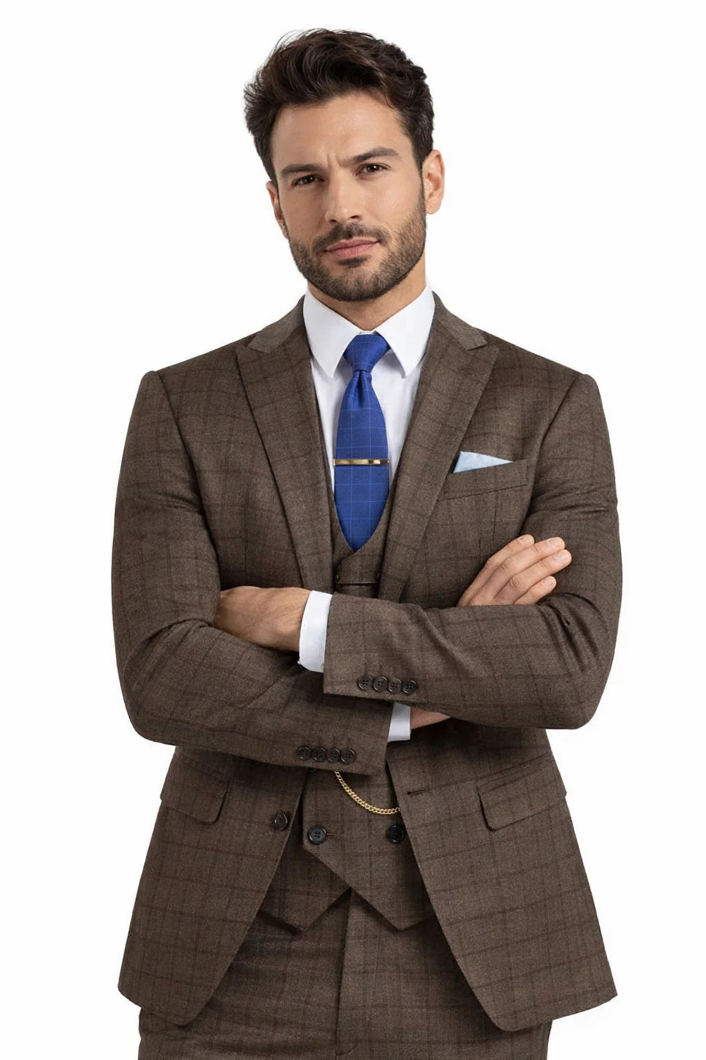 Men’s Brown 3-Piece Slim Fit Suit – 2 Button Peak Lapel Jacket with Double Breasted Vest & Flat Front Pants - 38 Short Jacket+32 Waist Adjustable 28to34)(Height: 5 4 to5 7 )(Neck  15-16.5)S-M)