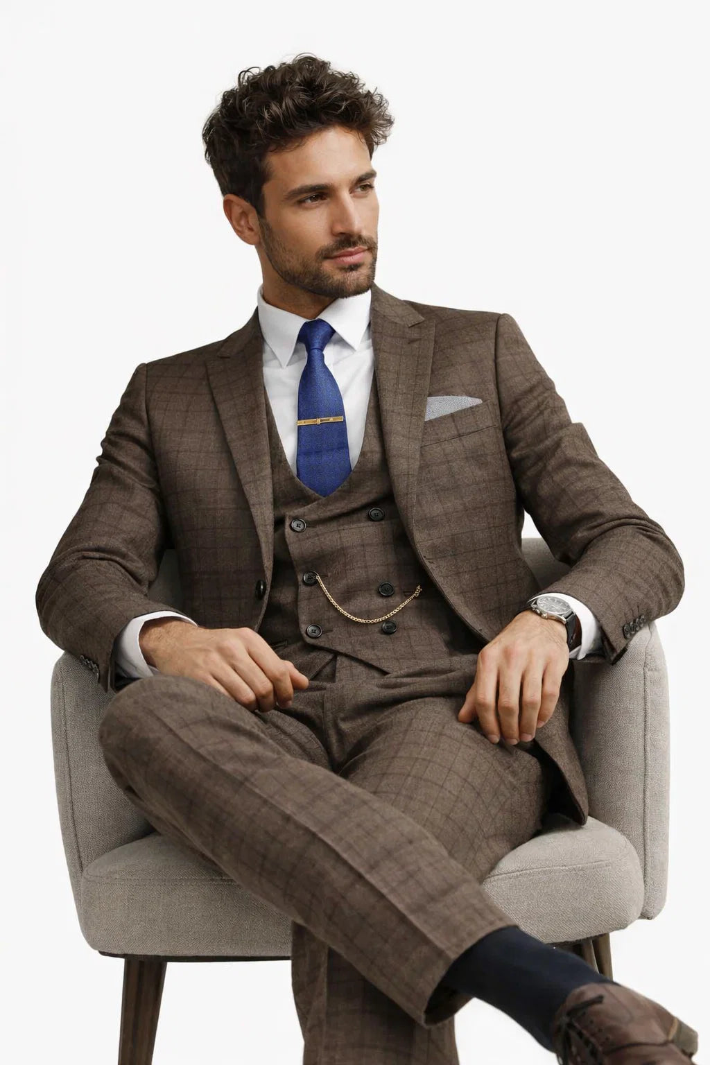 Men’s Brown 3-Piece Slim Fit Suit – 2 Button Peak Lapel Jacket with Double Breasted Vest & Flat Front Pants - 38 Short Jacket+32 Waist Adjustable 28to34)(Height: 5 4 to5 7 )(Neck  15-16.5)S-M)