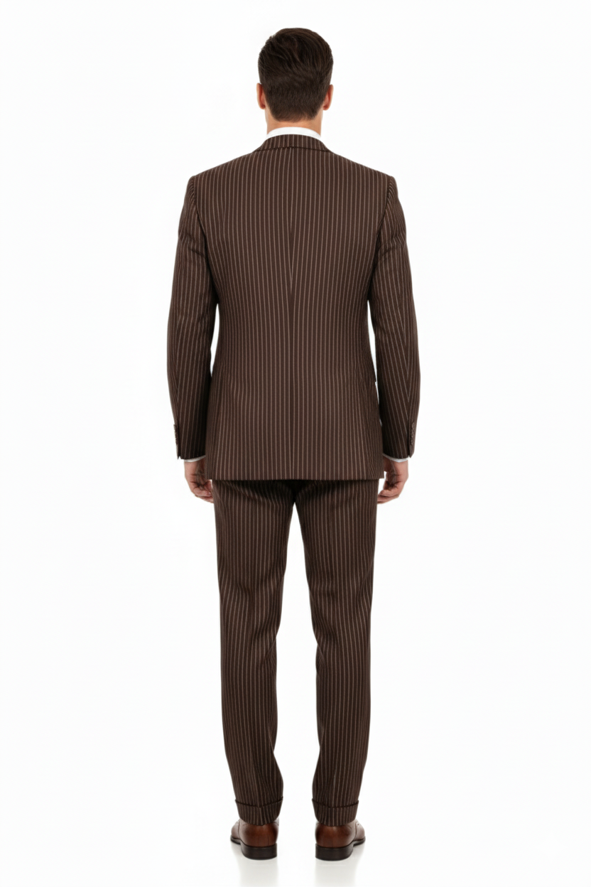 Men’s Brown Pinstripe 3-Piece Suit – Classic Business and Formal Wear with Vest - Small