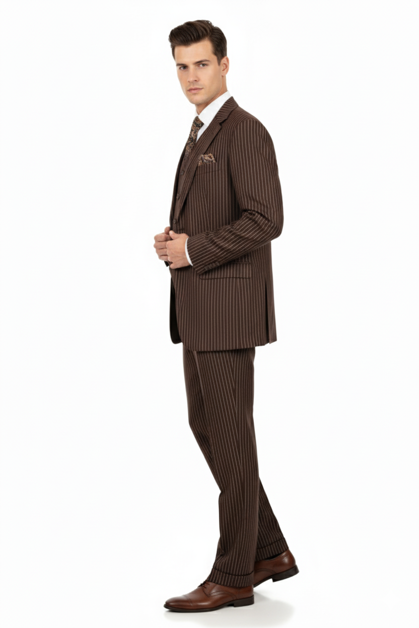 Men’s Brown Pinstripe 3-Piece Suit – Classic Business and Formal Wear with Vest - Small