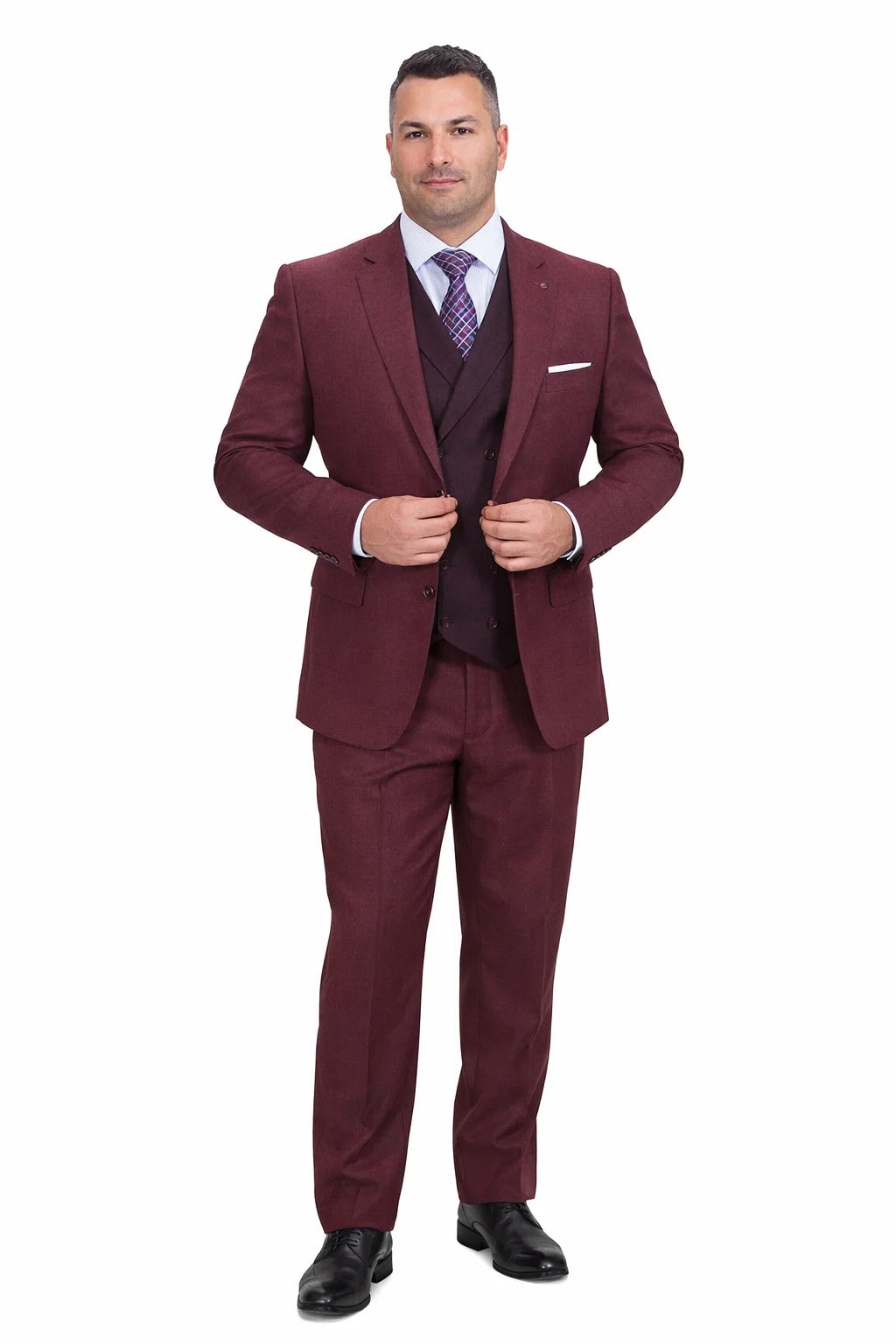 Men’s Burgundy Vintage Style Wool Suit – Two Button Jacket with Double Breasted Vest - 38 Short Jacket+32 Waist Adjustable 28to34)(Height: 5 4 to5 7 )(Neck  15-16.5)S-M)