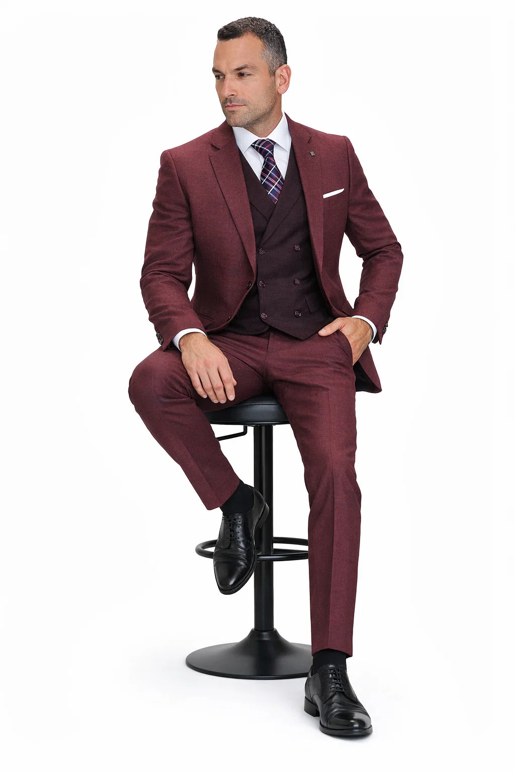 Men’s Burgundy Vintage Style Wool Suit – Two Button Jacket with Double Breasted Vest - 38 Short Jacket+32 Waist Adjustable 28to34)(Height: 5 4 to5 7 )(Neck  15-16.5)S-M)