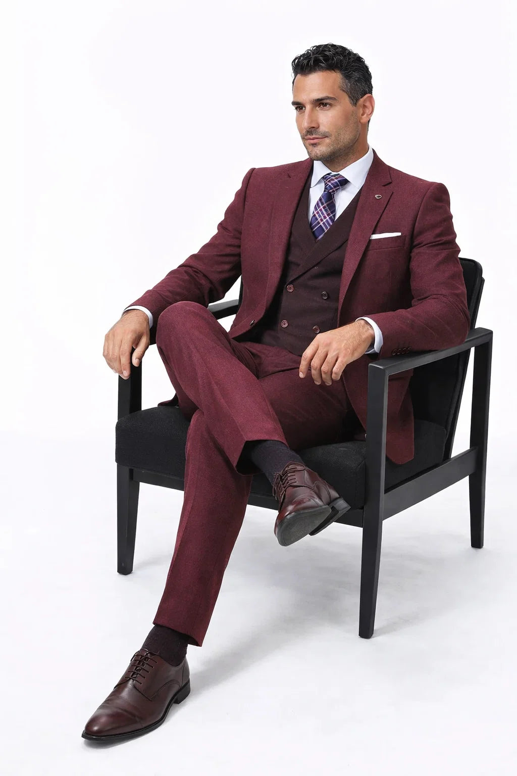 Men’s Burgundy Vintage Style Wool Suit – Two Button Jacket with Double Breasted Vest - 38 Short Jacket+32 Waist Adjustable 28to34)(Height: 5 4 to5 7 )(Neck  15-16.5)S-M)