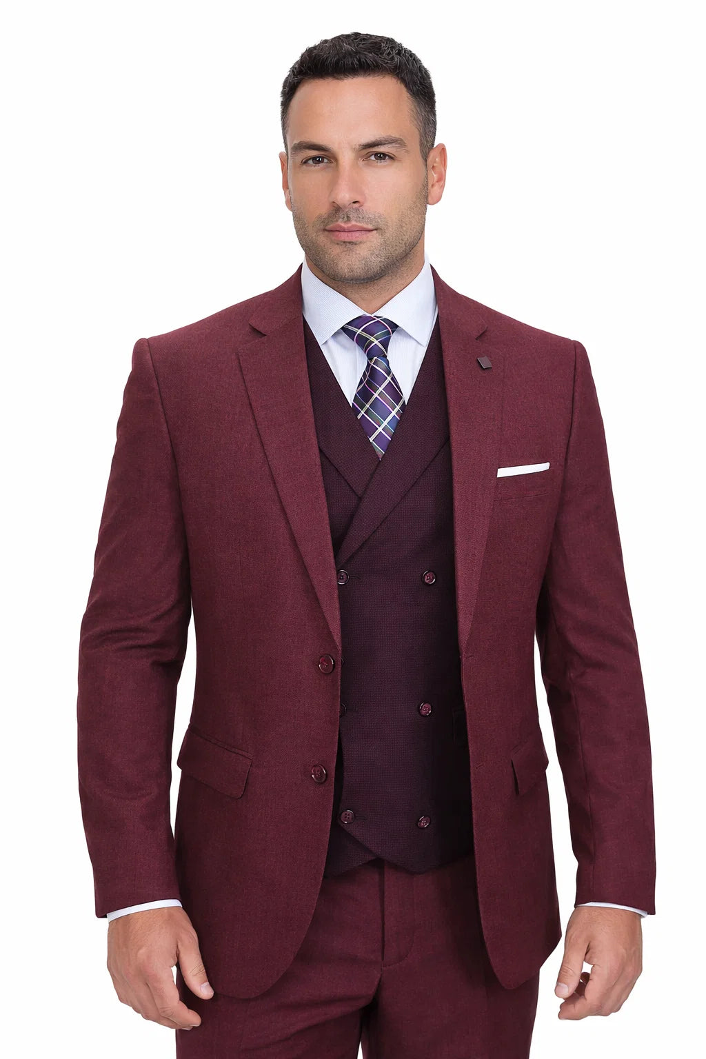 Men’s Burgundy Vintage Style Wool Suit – Two Button Jacket with Double Breasted Vest - 38 Short Jacket+32 Waist Adjustable 28to34)(Height: 5 4 to5 7 )(Neck  15-16.5)S-M)