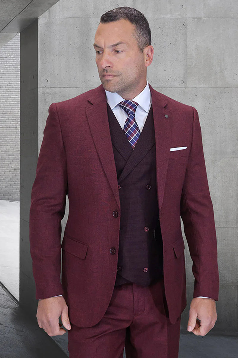 Men’s Burgundy Vintage Style Wool Suit – Two Button Jacket with Double Breasted Vest - 38 Short Jacket+32 Waist Adjustable 28to34)(Height: 5 4 to5 7 )(Neck  15-16.5)S-M)