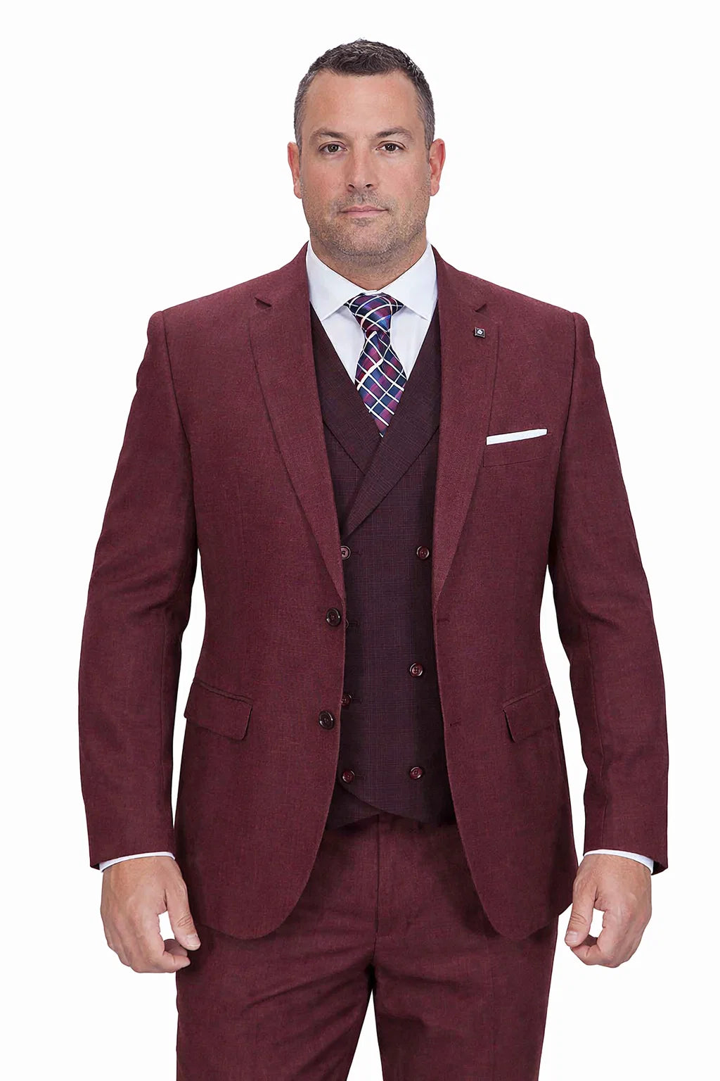 Men’s Burgundy Vintage Style Wool Suit – Two Button Jacket with Double Breasted Vest - 38 Short Jacket+32 Waist Adjustable 28to34)(Height: 5 4 to5 7 )(Neck  15-16.5)S-M)