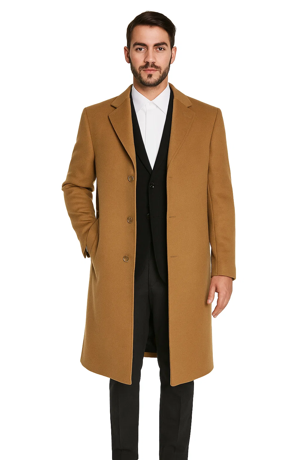 Men’s Camel Overcoat – Classic Single Breasted Wool Long Coat with Peak Lapel - Coat Size 38