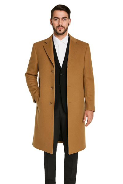 Mens Camel Overcoat Classic Single Breasted Wool Long Coat with Peak Lapel