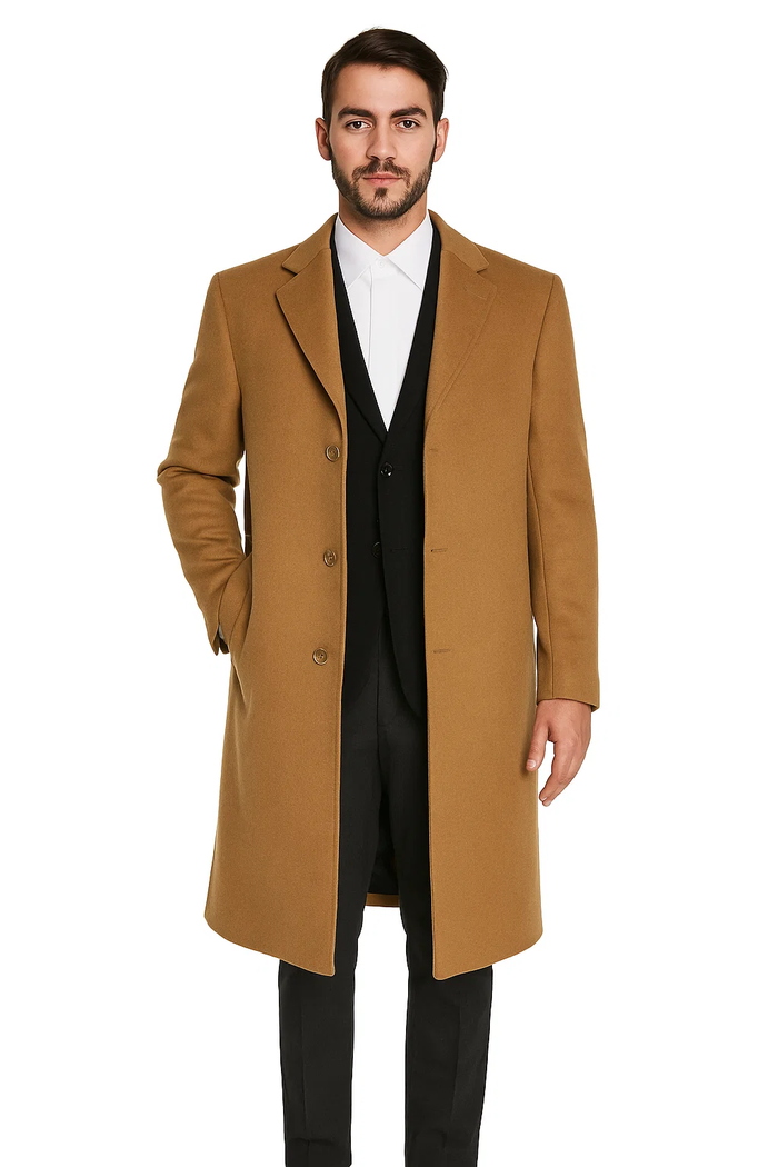 Mens Camel Overcoat Classic Single Breasted Wool Long Coat with Peak Lapel