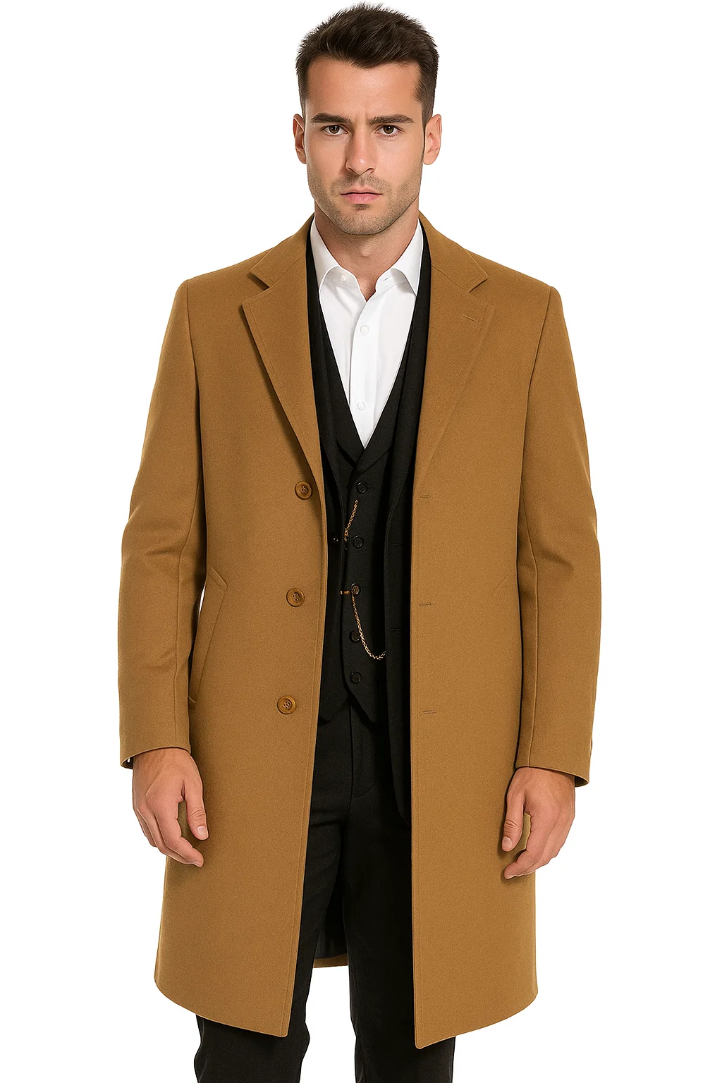 Men’s Camel Overcoat – Classic Single Breasted Wool Long Coat with Peak Lapel - Coat Size 38