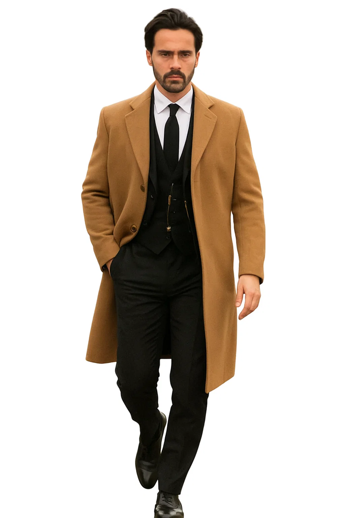 Mens Camel Overcoat Classic Single Breasted Wool Long Coat with Peak Lapel