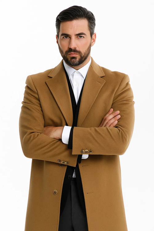 Mens Camel Overcoat Classic Single Breasted Wool Long Coat with Peak Lapel