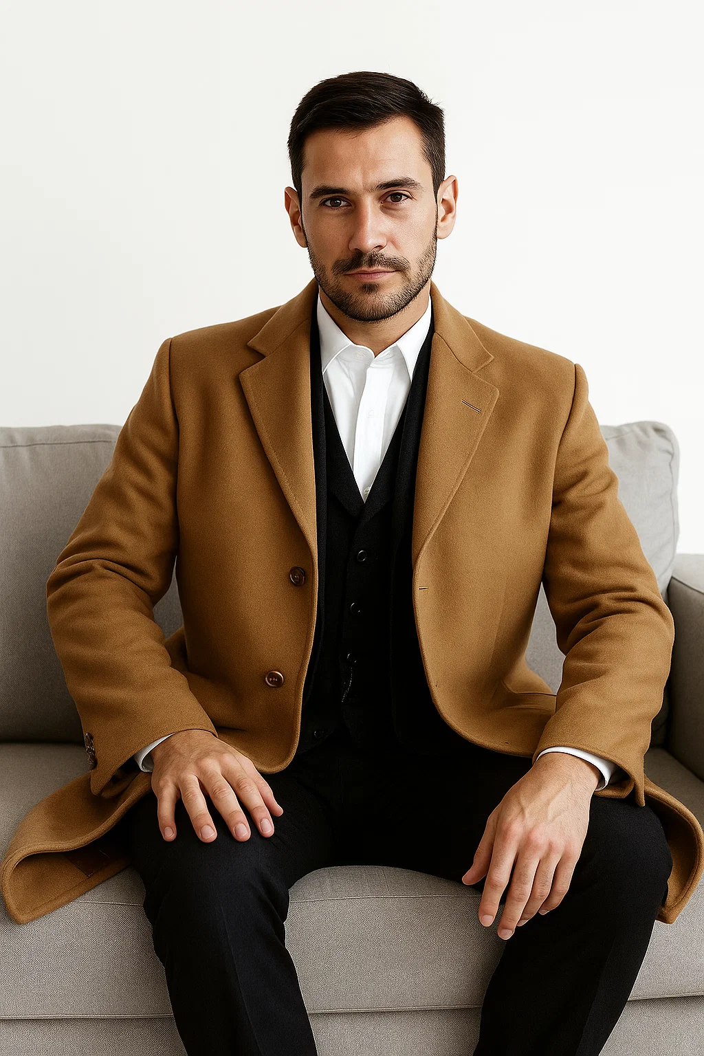 Men’s Camel Overcoat – Classic Single Breasted Wool Long Coat with Peak Lapel - Coat Size 38