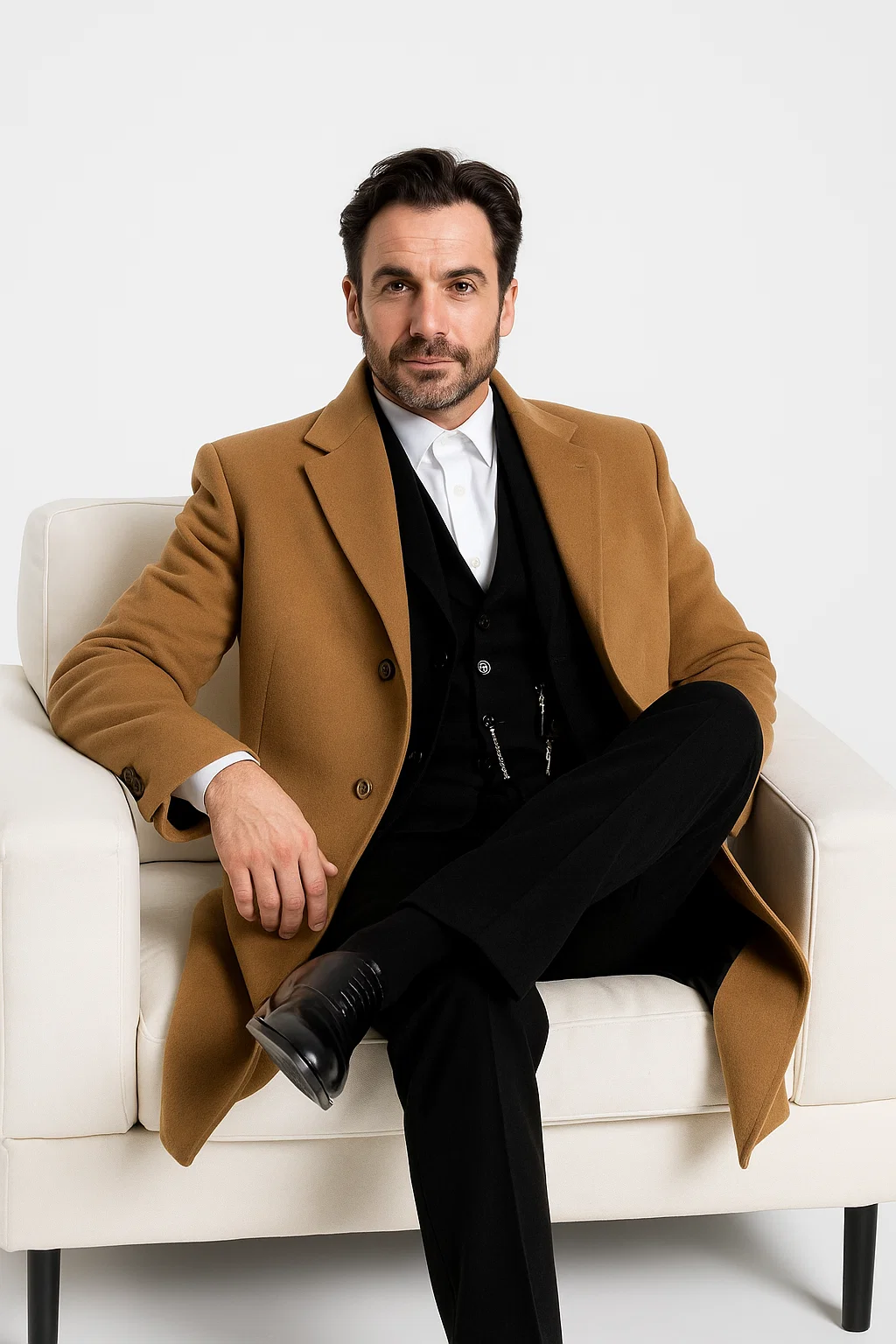 Men’s Camel Overcoat – Classic Single Breasted Wool Long Coat with Peak Lapel - Coat Size 38