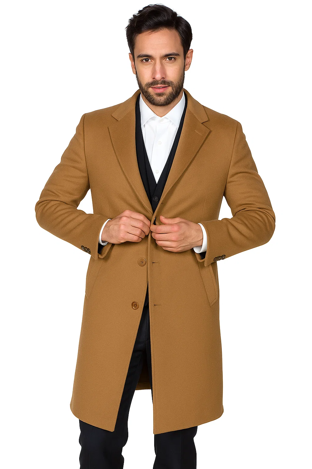 Men’s Camel Overcoat – Classic Single Breasted Wool Long Coat with Peak Lapel - Coat Size 38