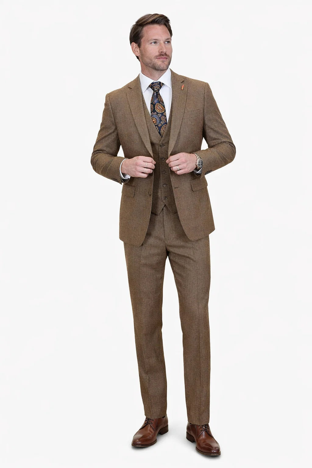 Men’s Copper Brown Micro Plaid Wool Suit – Designer Vintage Style with Vest
