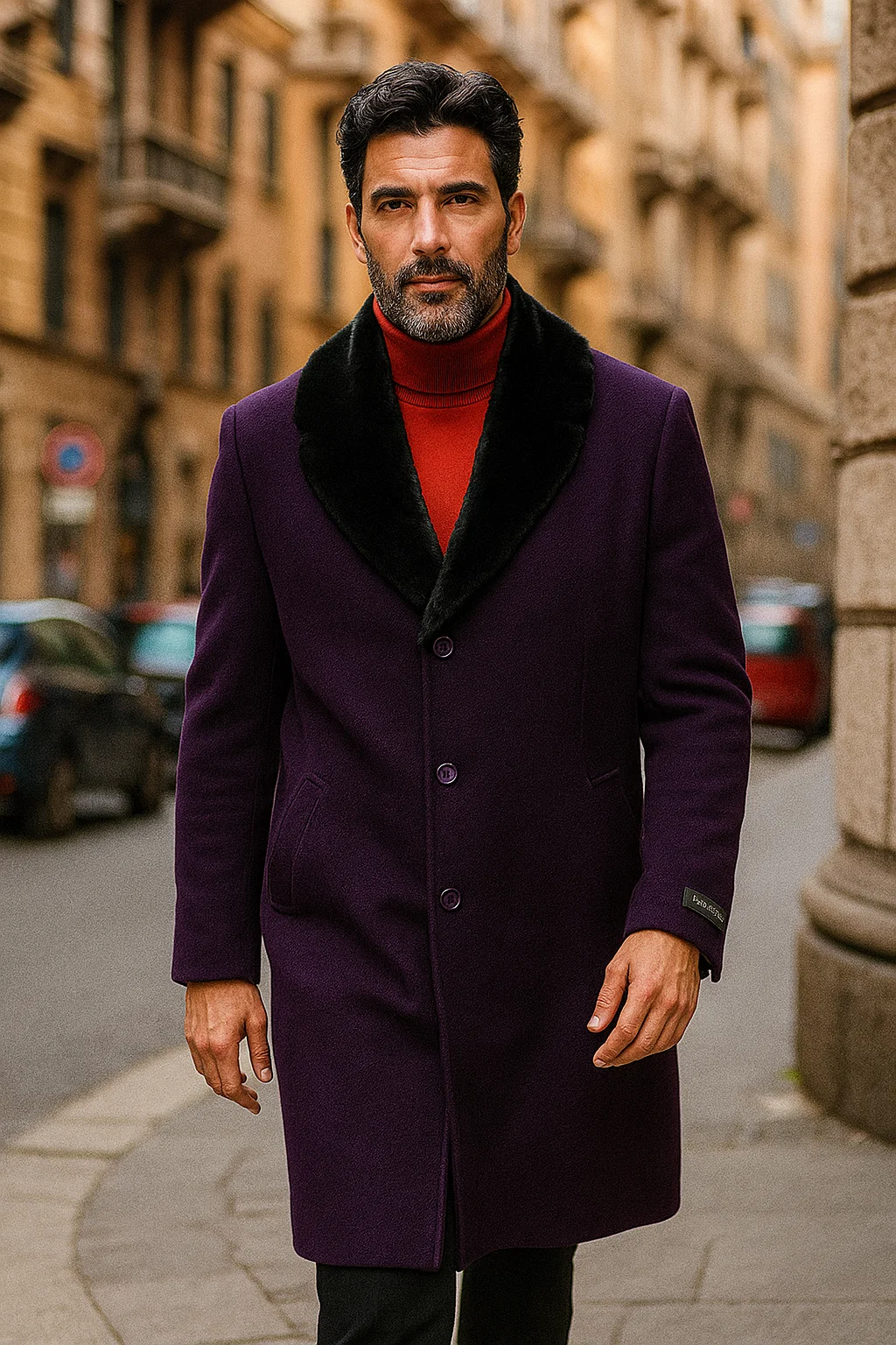 Men's (Removable ) Dress Coat Fur Collar Dark Purple 3 Button Full Length Overcoat ~ Long Men's Dress Topcoat - Winter coat full length Fabric Also - 52 Long