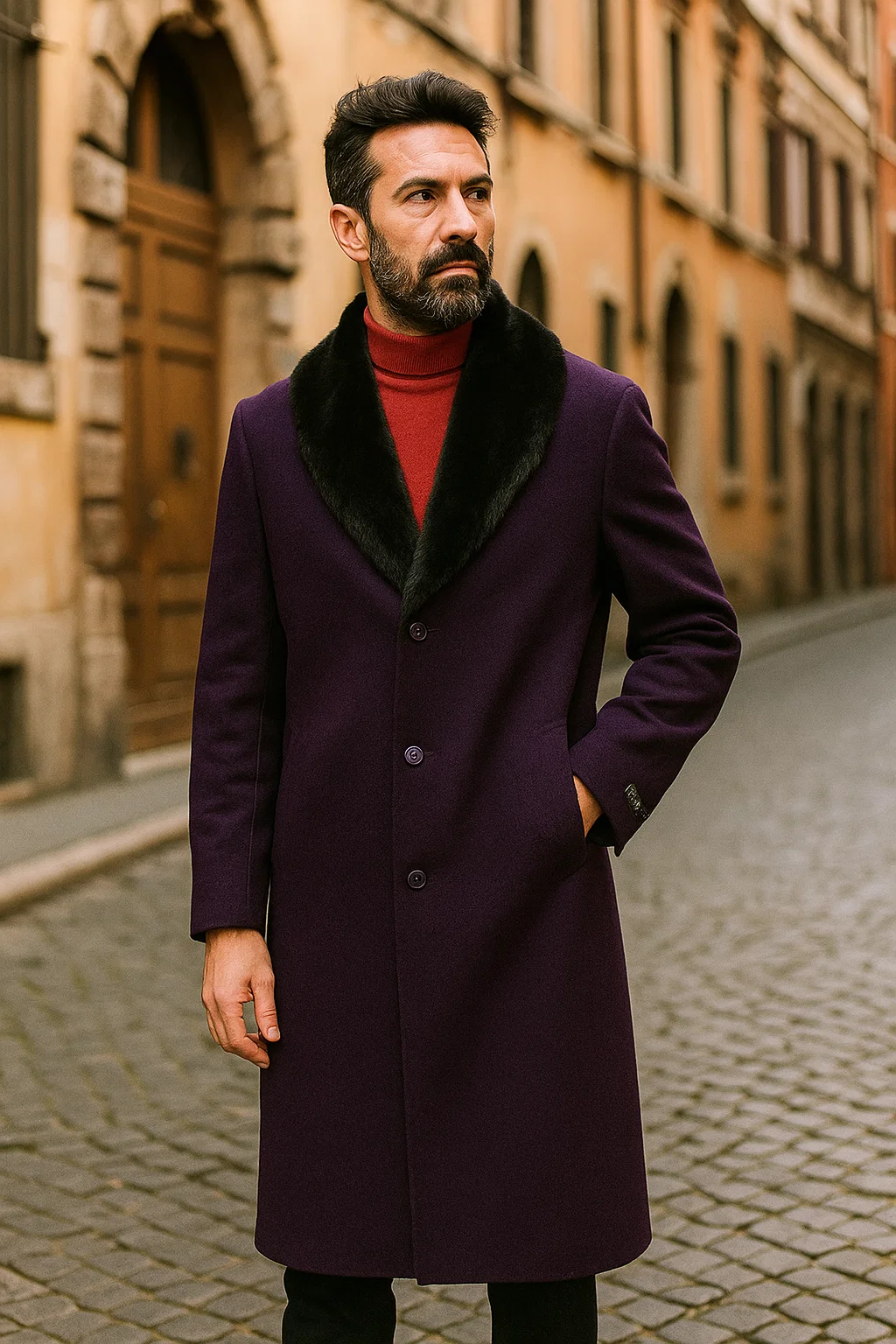Men's (Removable ) Dress Coat Fur Collar Dark Purple 3 Button Full Length Overcoat ~ Long Men's Dress Topcoat - Winter coat full length Fabric Also - 52 Long