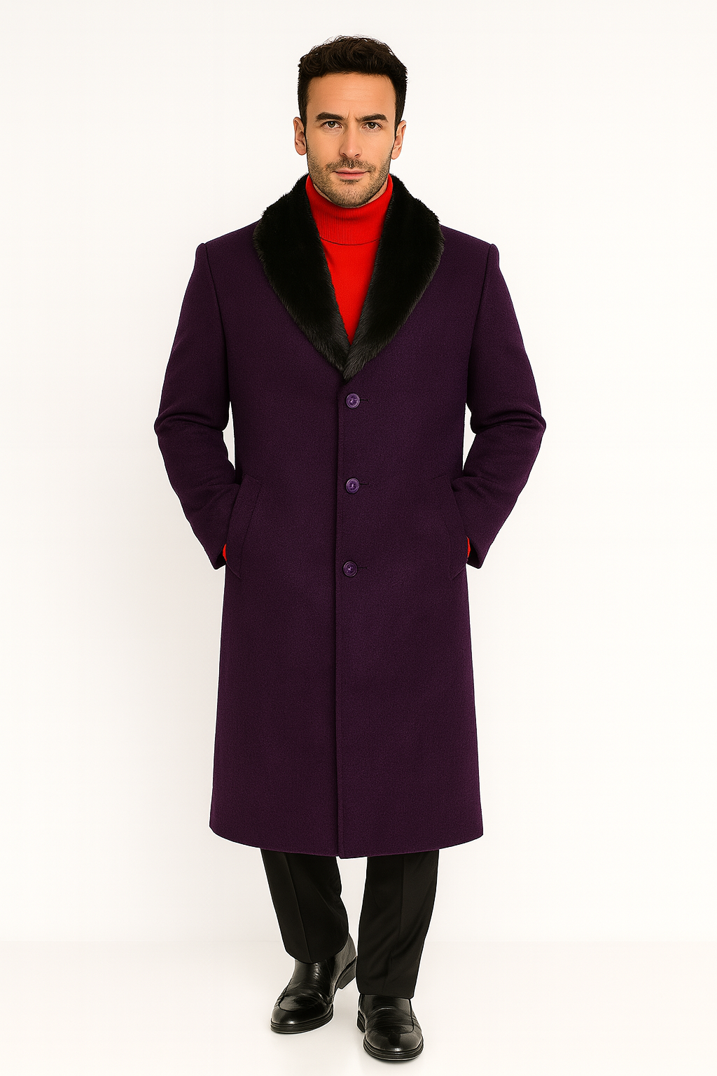 Men's (Removable ) Dress Coat Fur Collar Dark Purple 3 Button Full Length Overcoat ~ Long Men's Dress Topcoat - Winter coat full length Fabric Also - 52 Long