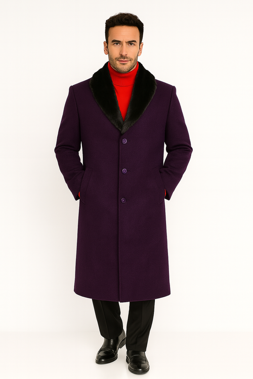 Men's (Removable ) Dress Coat Fur Collar Dark Purple 3 Button Full Length Overcoat ~ Long Men's Dress Topcoat - Winter coat full length Fabric Also