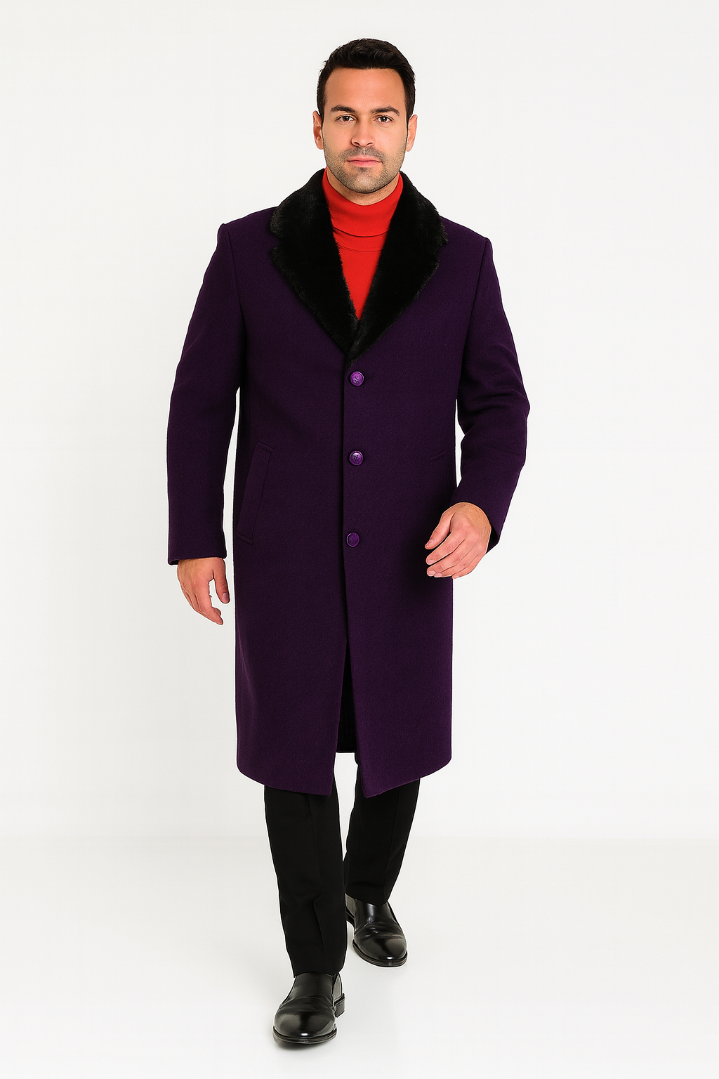Men's (Removable ) Dress Coat Fur Collar Dark Purple 3 Button Full Length Overcoat ~ Long Men's Dress Topcoat - Winter coat full length Fabric Also - 52 Long