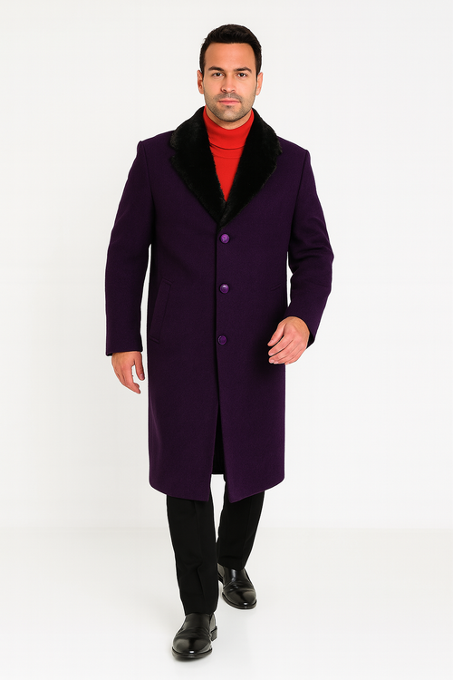 Men's (Removable ) Dress Coat Fur Collar Dark Purple 3 Button Full Length Overcoat ~ Long Men's Dress Topcoat - Winter coat full length Fabric Also