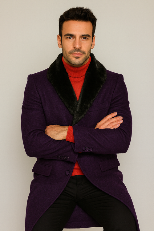 Men's (Removable ) Dress Coat Fur Collar Dark Purple 3 Button Full Length Overcoat ~ Long Men's Dress Topcoat - Winter coat full length Fabric Also