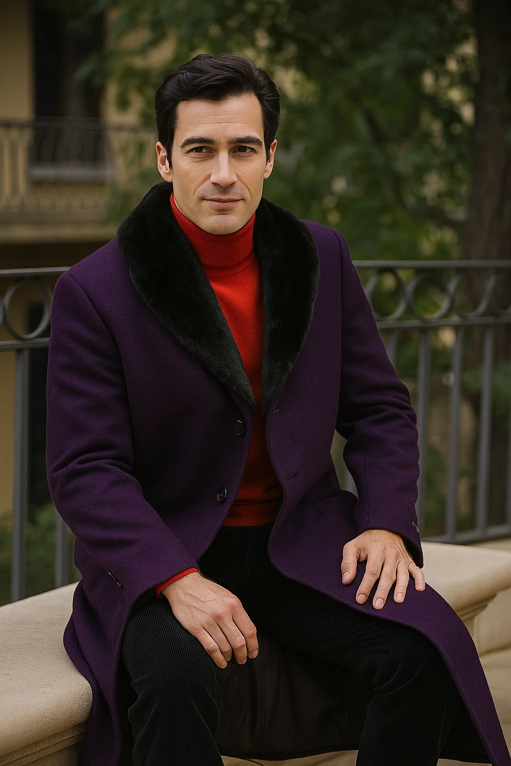 Men's (Removable ) Dress Coat Fur Collar Dark Purple 3 Button Full Length Overcoat ~ Long Men's Dress Topcoat - Winter coat full length Fabric Also - 52 Long