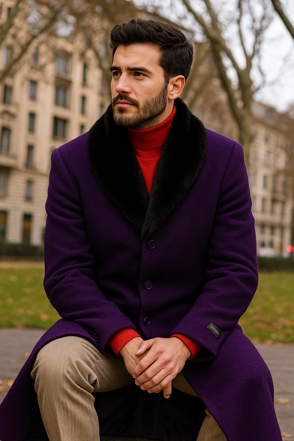 Men's (Removable ) Dress Coat Fur Collar Dark Purple 3 Button Full Length Overcoat ~ Long Men's Dress Topcoat - Winter coat full length Fabric Also - 52 Long