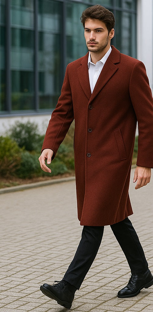 Men's Dress Coat Full Length Wool Dress Top Coat / Overcoat in Burgundy Overcoat - 44 Regular