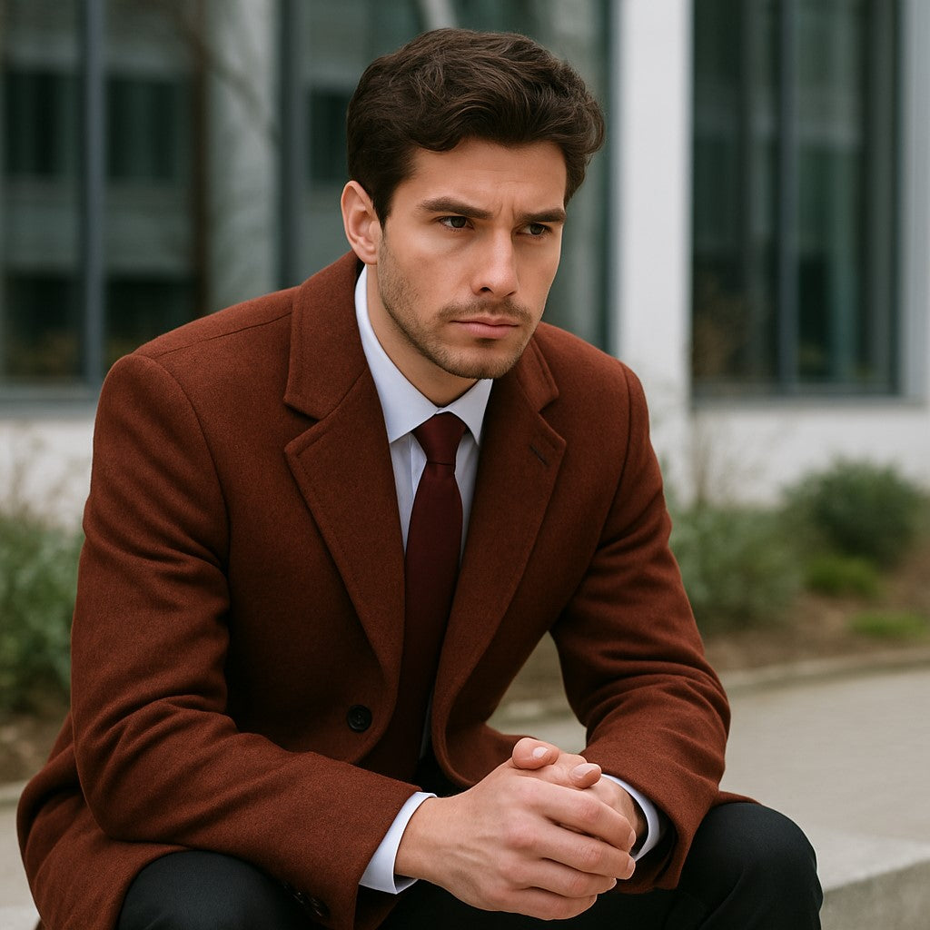 Men's Dress Coat Full Length Wool Dress Top Coat / Overcoat in Burgundy Overcoat - 44 Regular