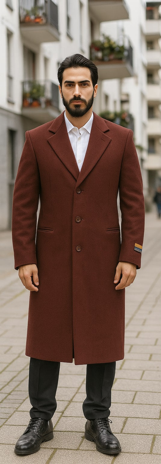 Men's Dress Coat Full Length Wool Dress Top Coat / Overcoat in Burgundy Overcoat - 44 Regular